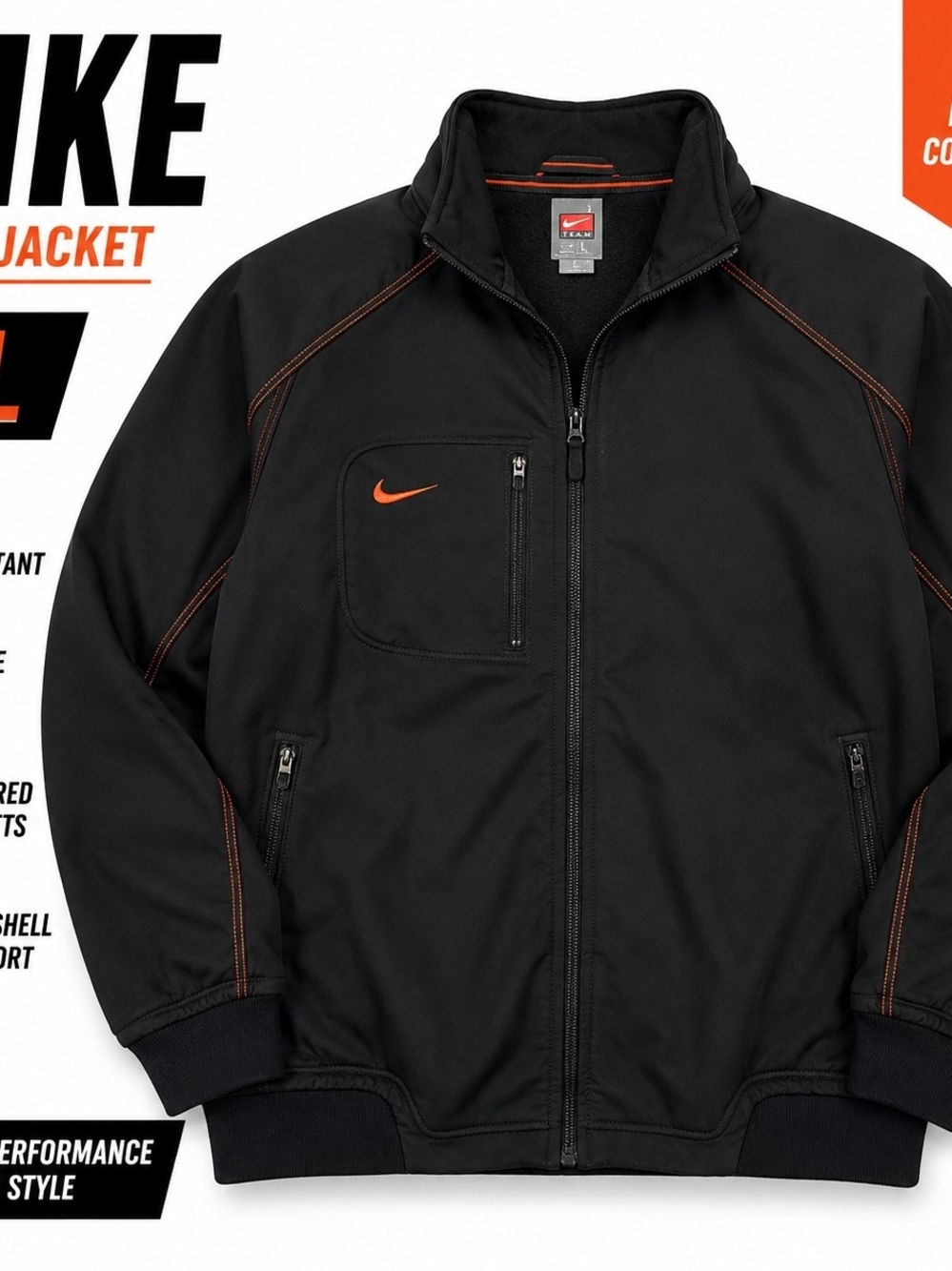 Nike Team Full Zip Soft Shell Jacket Men's Large Black Orange Swoosh Fleece Line